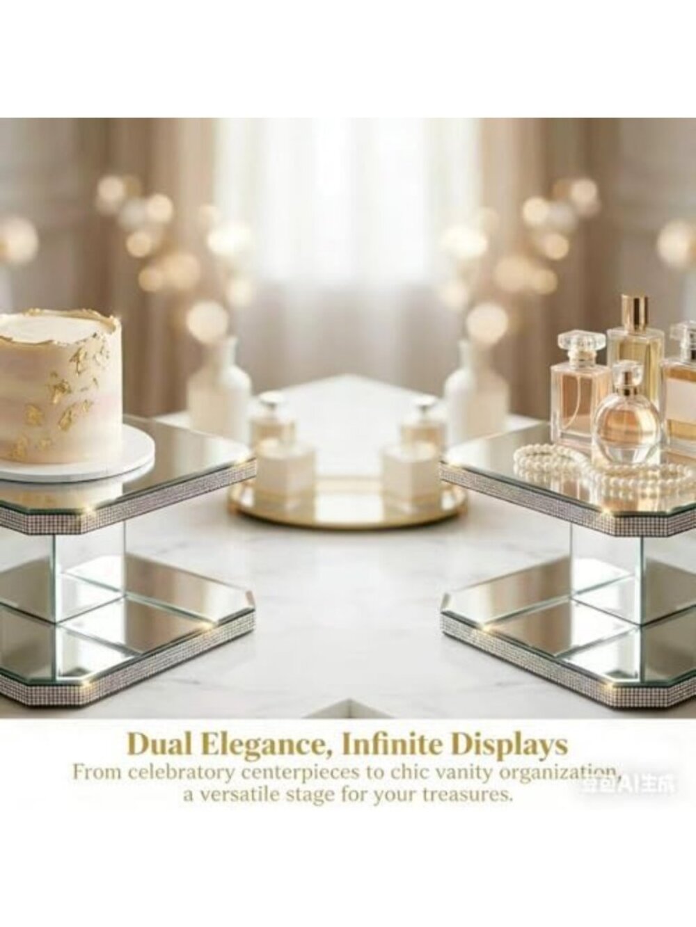 Two-Tier Mirrored Display Riser with Rhinestone Trim - Decorative Glass Stand - Picture 6 of 7